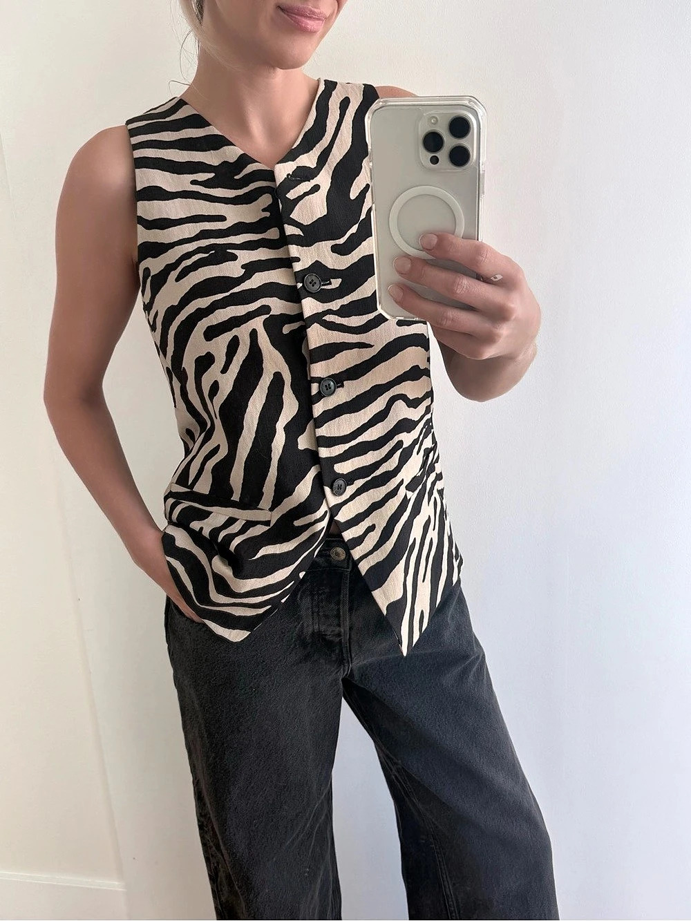 Zebra Print Sleeveless Button-Down Top